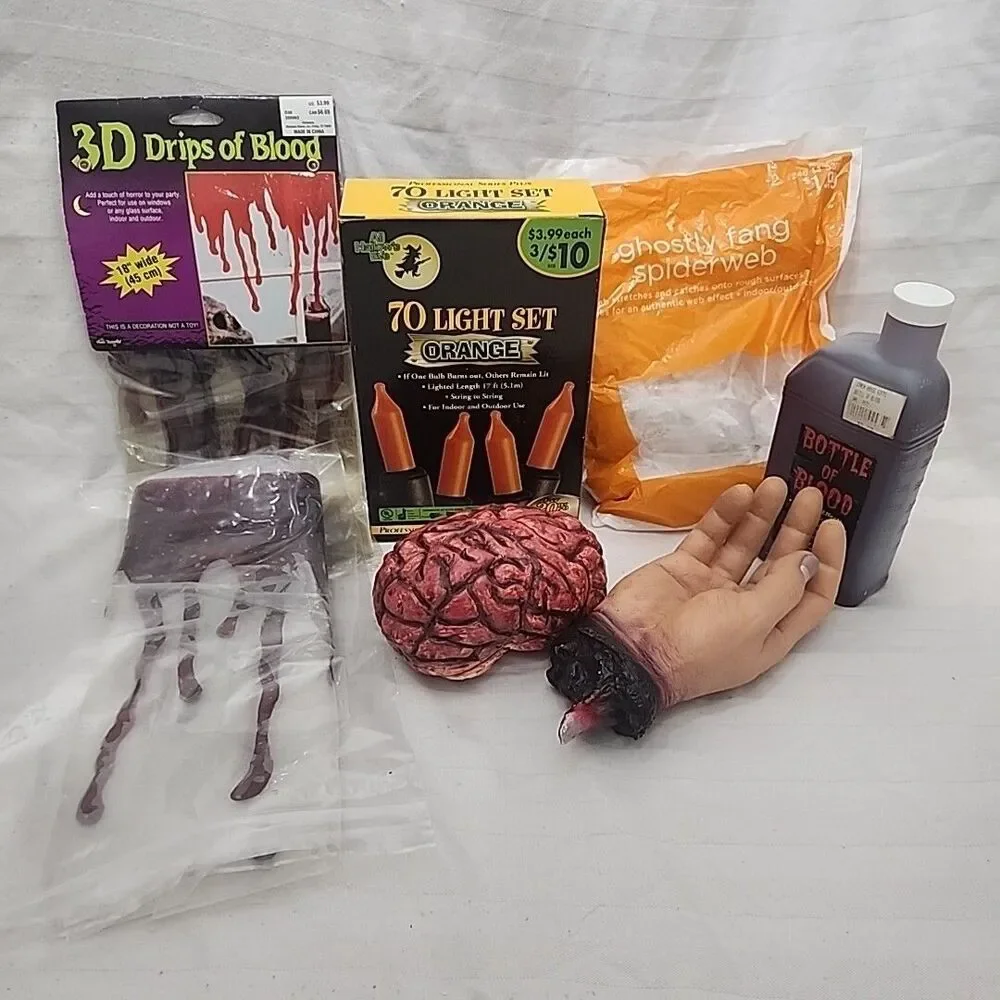 Halloween Scary Decorations Severed Hand, Brain, Lights, Blood, Web Party Props